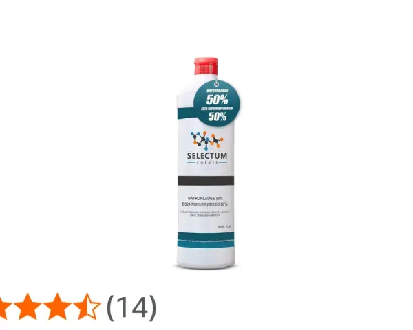 Flasche mit 1 Liter Natronlauge 50% von Selectum Chemie, geeignet für Lebensmittelqualität E524.