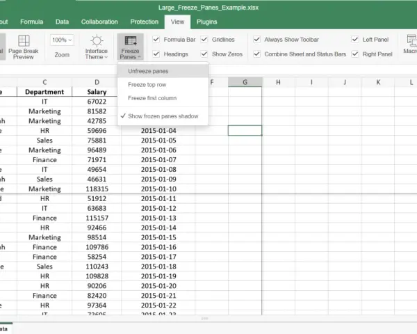 Excel-Menü zeigt Optionen zum "excel zeile fixieren". Die oberste Zeile ist bereits fixiert.