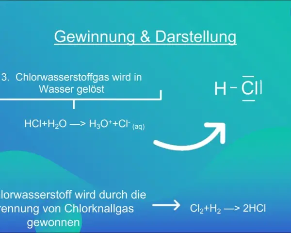 Die Salzsäureformel H-Cl wird gezeigt. Chlorwasserstoff wird in Wasser gelöst, was zu H3O+ und Cl- führt.