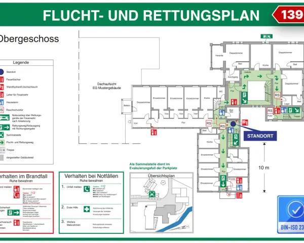 Flucht- und Rettungsplan mit Symbolen für Feuerlöscher, Rettungswege und Notausgänge. Ein Hinweis auf die Gefahren von Flusssäure ist nicht ersichtlich.