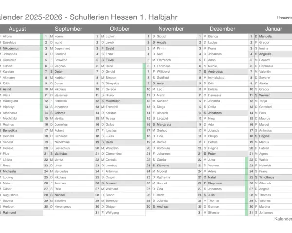 Kalender 2025-2026 Hessen mit Namen und Monaten.