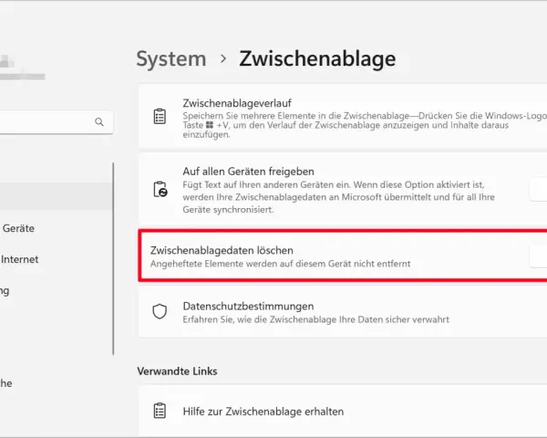 Einstellungen für die Zwischenablage: Verlauf anzeigen, Daten synchronisieren oder den gesamten Cache löschen.