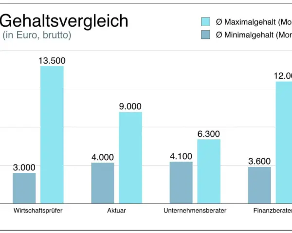 Gehaltsvergleich: Ein Wirtschaftsprüfer verdient im Schnitt 3.000€ (minimal) bis 13.500€ (maximal) brutto im Monat.