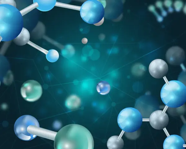 Molekulare Strukturen mit blauen und grauen Kugeln, die Atome darstellen. Ein Netzwerk verbindet sie, was auf die Komplexität von Materie und die Vielfalt von Isotopen hinweist.