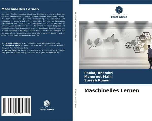 Buchcover "Maschinelles Lernen" mit Autoreninfo und Illustrationen, die Konzepte des maschinellen Lernens zeigen.