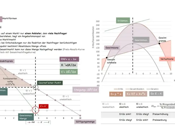 Monopol: Ein Anbieter trifft auf viele Nachfrager. Die Grafik zeigt Gewinnmaximierung und die Preis-Absatz-Kurve.
