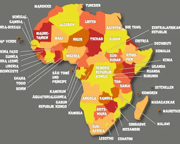 Bunte Karte von Afrika mit vielen Ländern wie Marokko, Algerien, Nigeria, Ägypten und Südafrika.