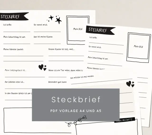Eine Steckbrief Vorlage mit Feldern für Name, Geburtstag, Adresse, Lieblingsfach und mehr. Ideal zum Ausfüllen für Kinder.