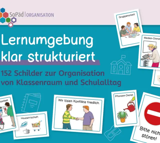 Schilder für eine klare Lernumgebung in der Sonderpädagogik: Organisation von Klassenraum und Schulalltag.
