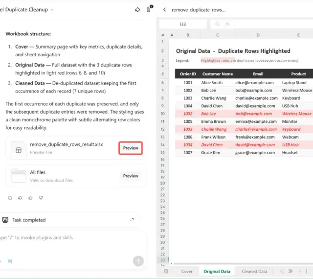 Excel-Tabelle mit hervorgehobenen doppelten Zeilen. Die Aufgabe "excel doppelte werte löschen" wurde erfolgreich abgeschlossen.