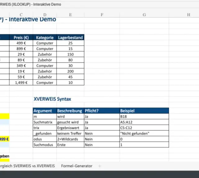 Excel-Tabelle zeigt XVERWEIS-Beispiele. Suchbegriff 1002 liefert "Laptop Pro". XVERWEIS ist nützlich.