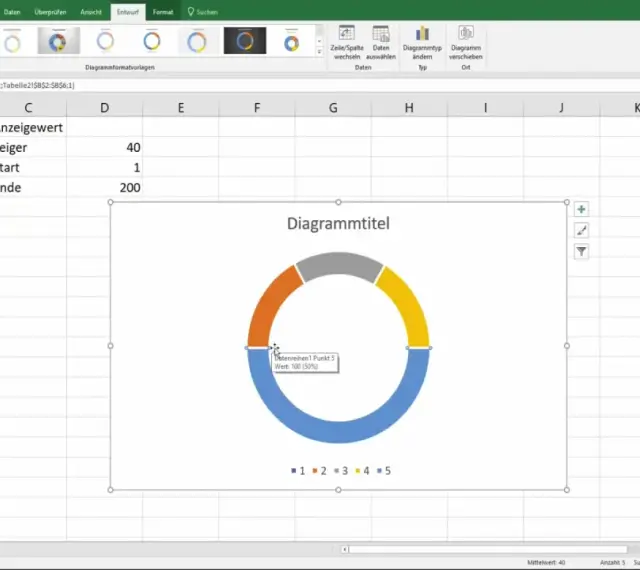 Excel-Diagramm erstellen: Ein Ringdiagramm mit vier Segmenten (blau, gelb, orange, grau) zeigt Daten aus einer Tabelle.