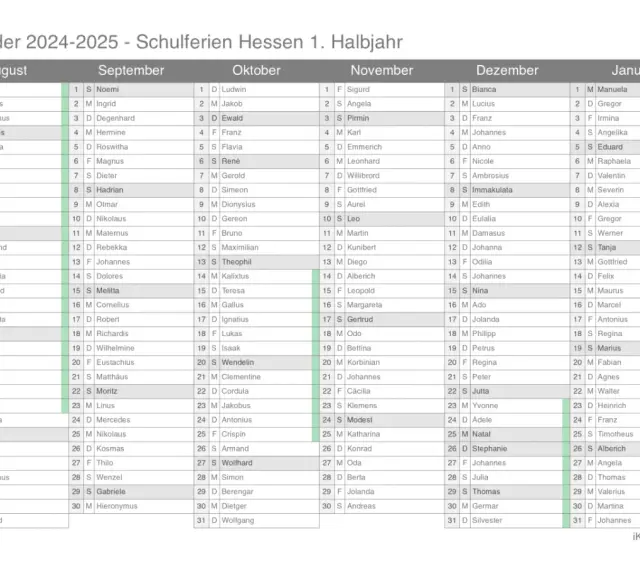Ferien Hessen 2025: Kalender mit Namen und Schulferien.