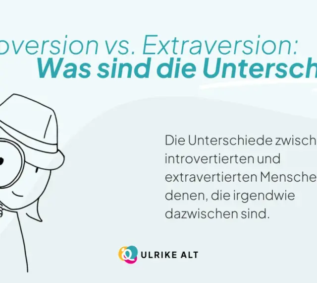 Eine Figur mit Hut und Lupe untersucht die Unterschiede zwischen introvertierten und extrovertierten Menschen.