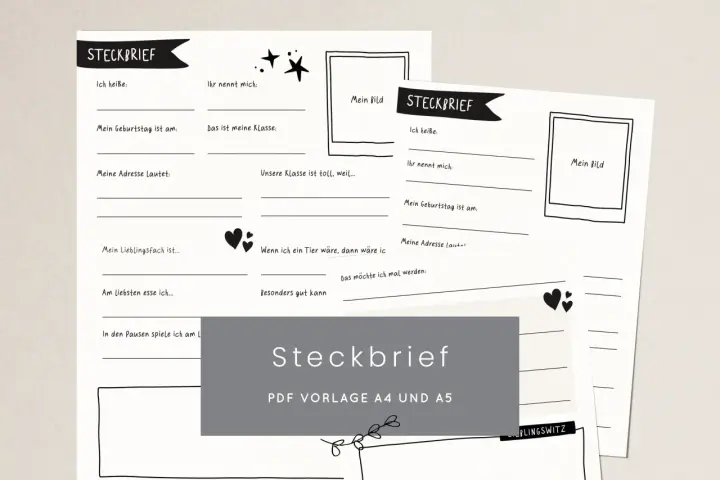 Eine Steckbrief Vorlage mit Feldern für Name, Geburtstag, Adresse, Lieblingsfach und mehr. Ideal zum Ausfüllen für Kinder.