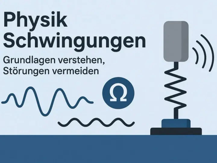 Physik: Schwingungen verstehen. Ein System mit Federkonstante schwingt, Wellenlinien und Omega-Symbol illustrieren das Thema.