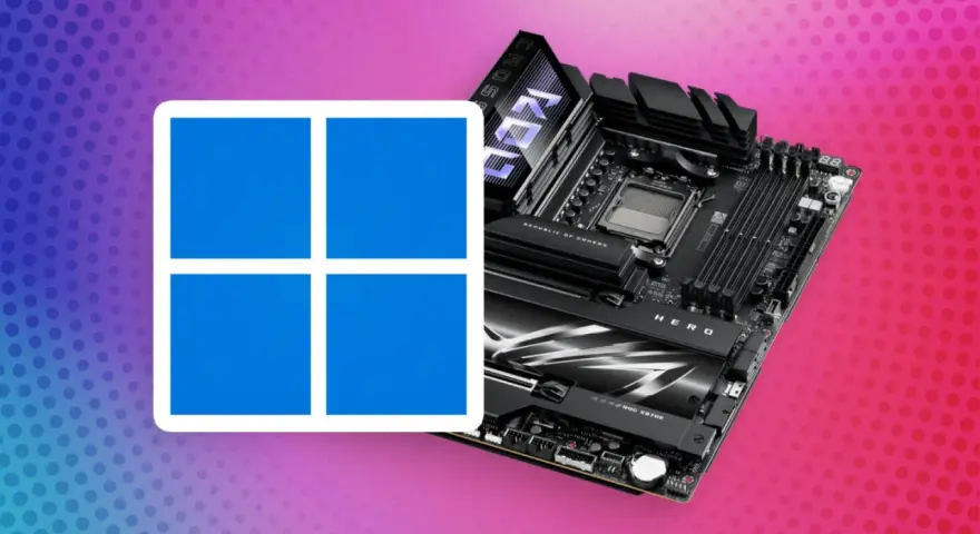 Windows 11 Logo neben einem ROG Mainboard. Ein TPM-Chip ist für die Sicherheit unerlässlich.