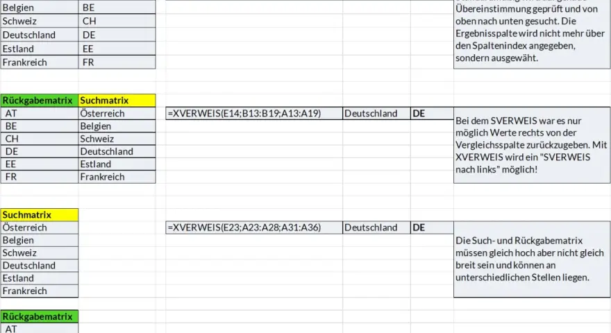Excel-Tabellen zeigen Beispiele für die XVERWEIS-Funktion, die Suchkriterien und Matrizen verwendet, um Daten zu finden.