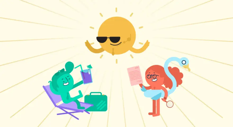 Sonnige **Herbstferien 2026 Niedersachsen**! Ein grüner Charakter entspannt, ein anderer liest, während die Sonne mit Sonnenbrille grüßt.