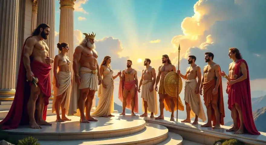 Versammlung der griechischen Götter vor antiken Säulen im Sonnenuntergang. Majestätische Figuren in Togen, einige mit Waffen.