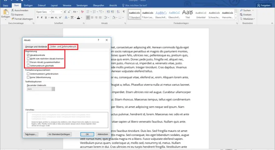 Dialogfenster "Absatz" in Word, Reiter "Zeilen- und Seitenumbruch" mit Optionen zur Textformatierung, z.B. Absatzkontrolle.