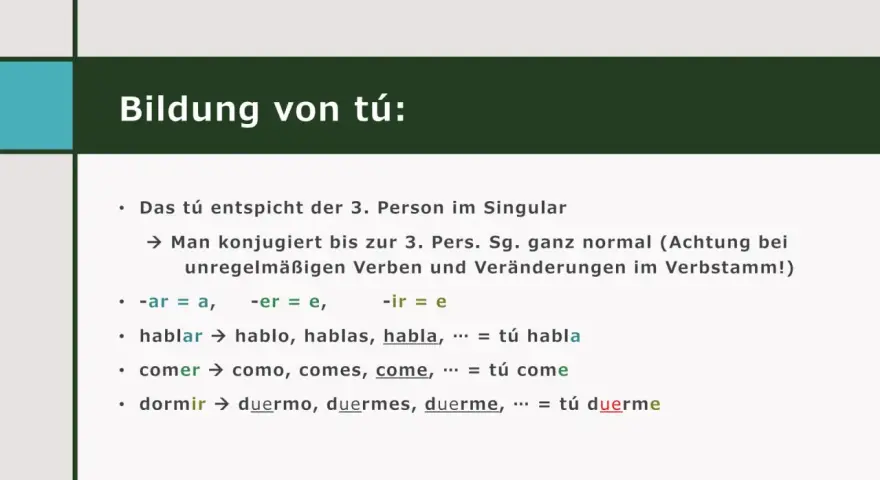 Bildung von tú: Spanische Imperativ-Regeln für die 3. Person Singular. Beispiele: hablar, comer, dormir.