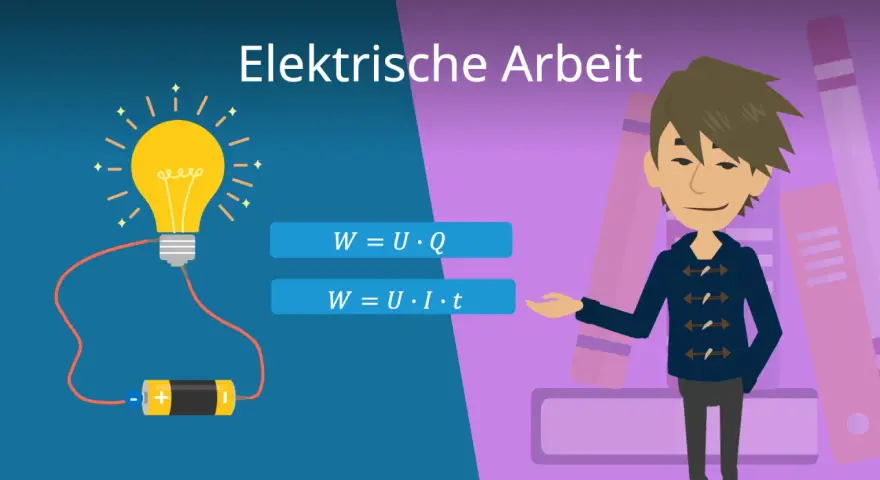 Elektrische Arbeit: Glühbirne, Batterie und Formeln für Energie (Joule). Ein Junge erklärt die Formeln.