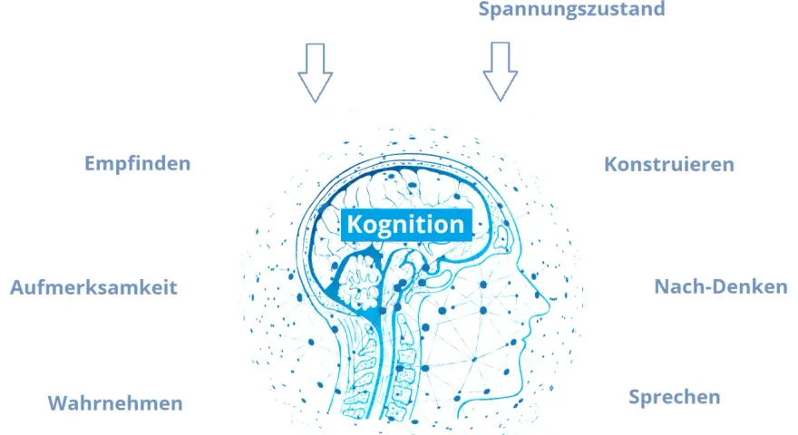 Schema zeigt, wie Systeme und kognitive Dissonanz unsere kognitiven Fähigkeiten wie Empfinden, Wahrnehmen, Konstruieren und Sprechen beeinflussen.