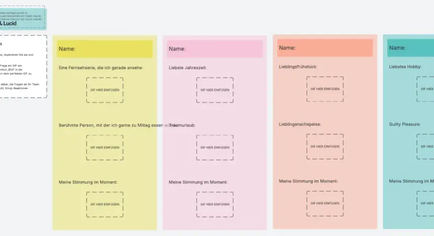 Karten mit Fragen zum Kennenlernen, die mit GIFs beantwortet werden. Jede Karte fragt nach persönlichen Vorlieben wie Lieblingsjahreszeit, Frühstück oder Hobby.