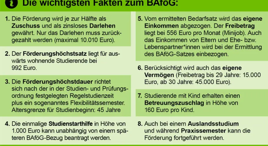 BAföG-Infos: Zuschuss/Darlehen, Höchstsatz 992€, Dauer, Studienstarthilfe, Einkommen/Vermögen, Kinderzuschlag, Auslands-/Praxissemester. Ideal für jeden Werkstudenten.