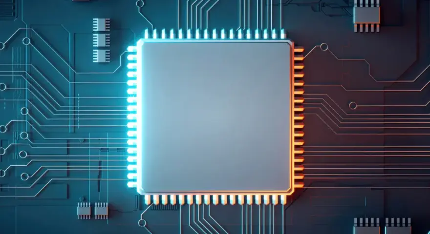 Ein großer, rechteckiger Chip mit vielen Pins, umgeben von Leiterbahnen auf einer dunklen Platine. Dieser **Halbleiter** ist das Herzstück moderner Technologie.