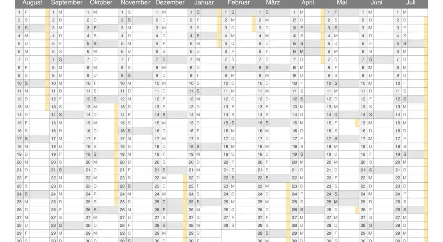 Kalender 2025-2026 Niedersachsen mit Monaten und Tagen.