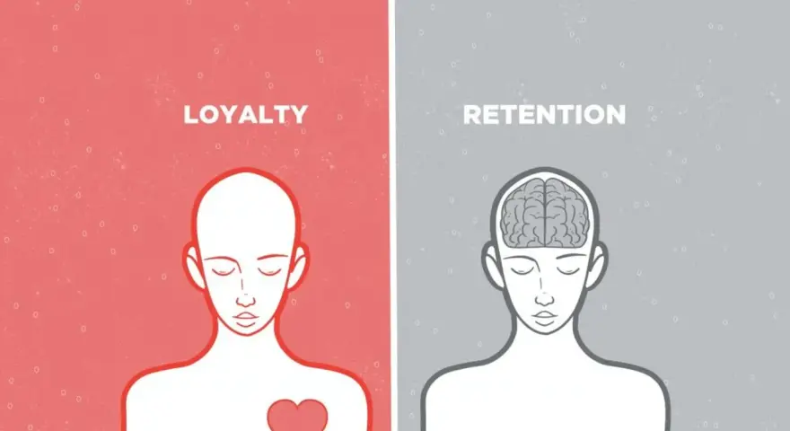 Zwei Hälften eines Kopfes: Links mit Herz und dem Wort "Loyalty", rechts mit Gehirn und "Retention". Loyalität kommt vom Herzen, Bindung vom Verstand.