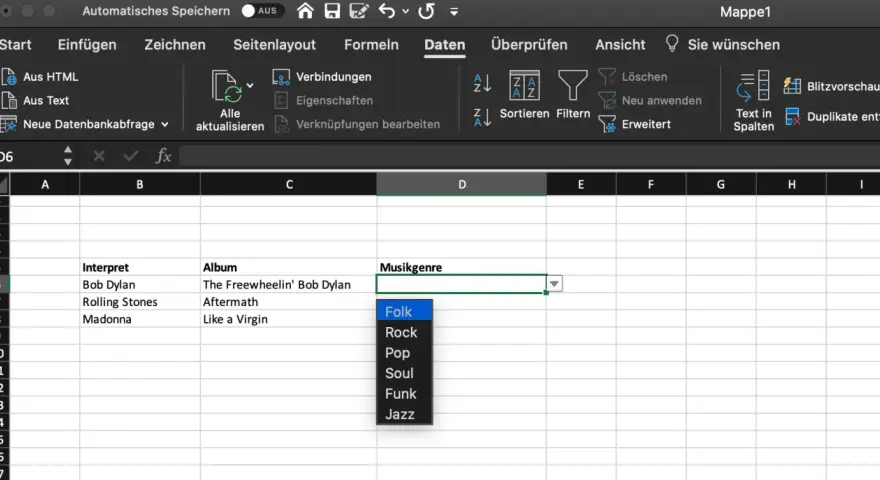 Excel-Dropdown erstellen: Musikgenre-Auswahl mit Optionen wie Folk, Rock, Pop, Soul, Funk, Jazz.