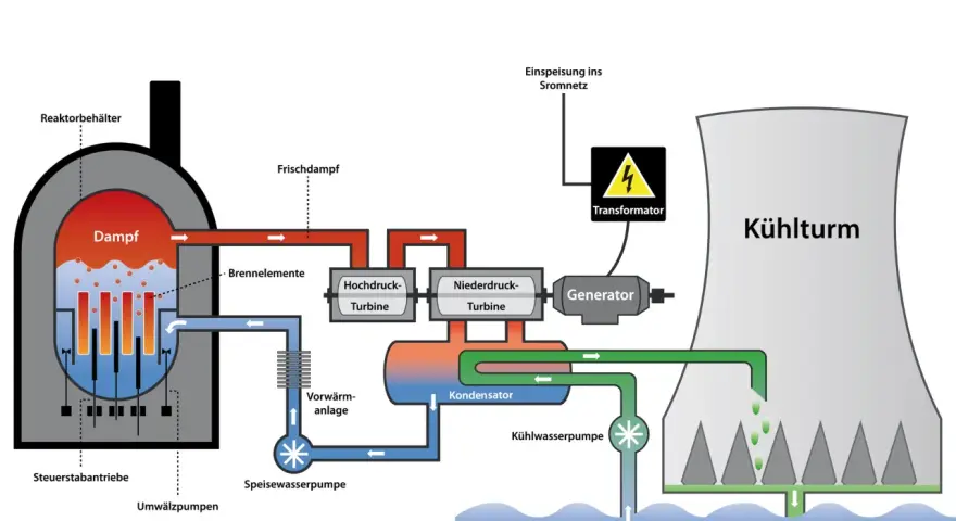 Schema eines Kernkraftwerks: Dampf aus dem Reaktor treibt Turbinen an, die einen Generator speisen. Kühlwasser aus dem Fluss kühlt den Kondensator. Atomkraft in Aktion.