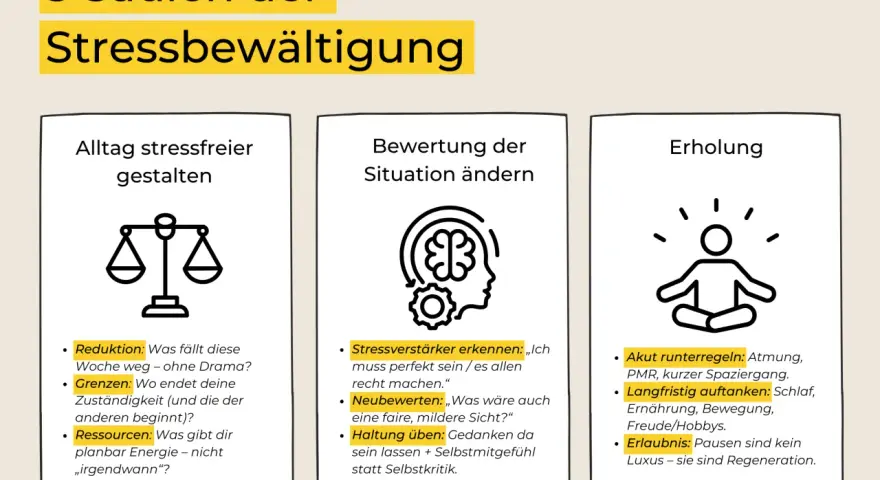 Drei Säulen der Stressbewältigung: Alltag gestalten, Situation bewerten, Erholung. Effektives coping durch Reduktion, Grenzen setzen & Ressourcen nutzen.