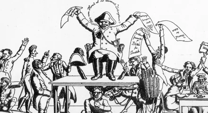 Karikatur zeigt die Unterdrückung der Presse nach den Karlsbader Beschlüssen. Ein Mann mit Kette hält Zeitungen hoch, während andere protestieren.