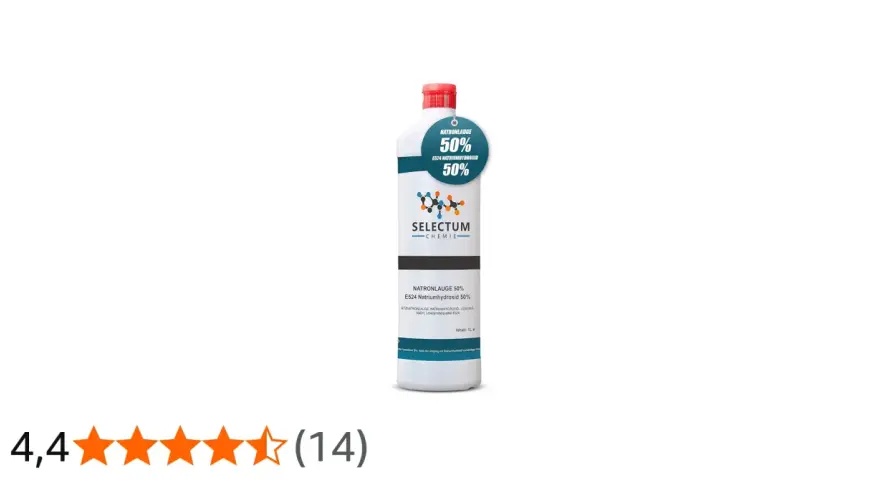 Flasche mit 1 Liter Natronlauge 50% von Selectum Chemie, geeignet für Lebensmittelqualität E524.