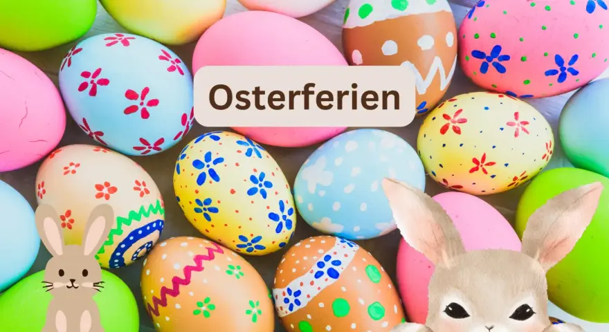 Bunte Ostereier und Hasenfiguren, bereit für die Osterferien Sachsen 2026.