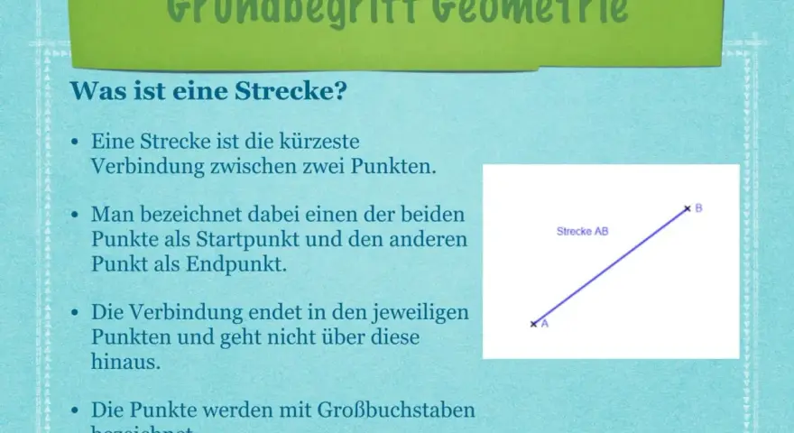 Eine Strecke AB verbindet zwei Punkte. Sie ist die kürzeste Verbindung, die senkrecht zu nichts steht, sondern gerade verläuft.
