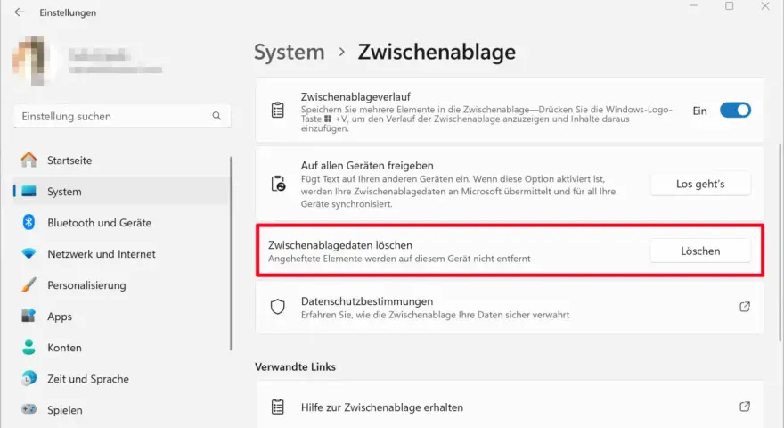 Einstellungen für die Zwischenablage: Verlauf anzeigen, Daten synchronisieren oder den gesamten Cache löschen.