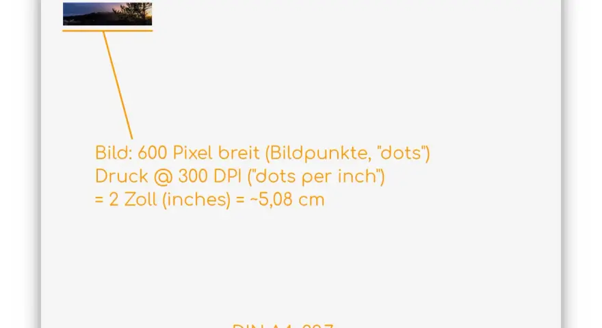 Ein Panoramafoto auf DIN A4 Maße gedruckt. Die Bildbreite beträgt 600 Pixel, was bei 300 DPI etwa 2 Zoll oder 5,08 cm entspricht.