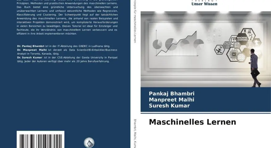 Buchcover "Maschinelles Lernen" mit Autoreninfo und Illustrationen, die Konzepte des maschinellen Lernens zeigen.