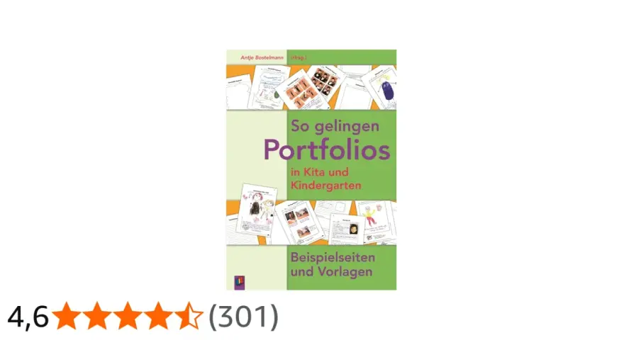 Buchcover "So gelingen Portfolios in Kita und Kindergarten" mit Beispielseiten. Die Portfolio Bedeutung wird hier praxisnah erklärt.