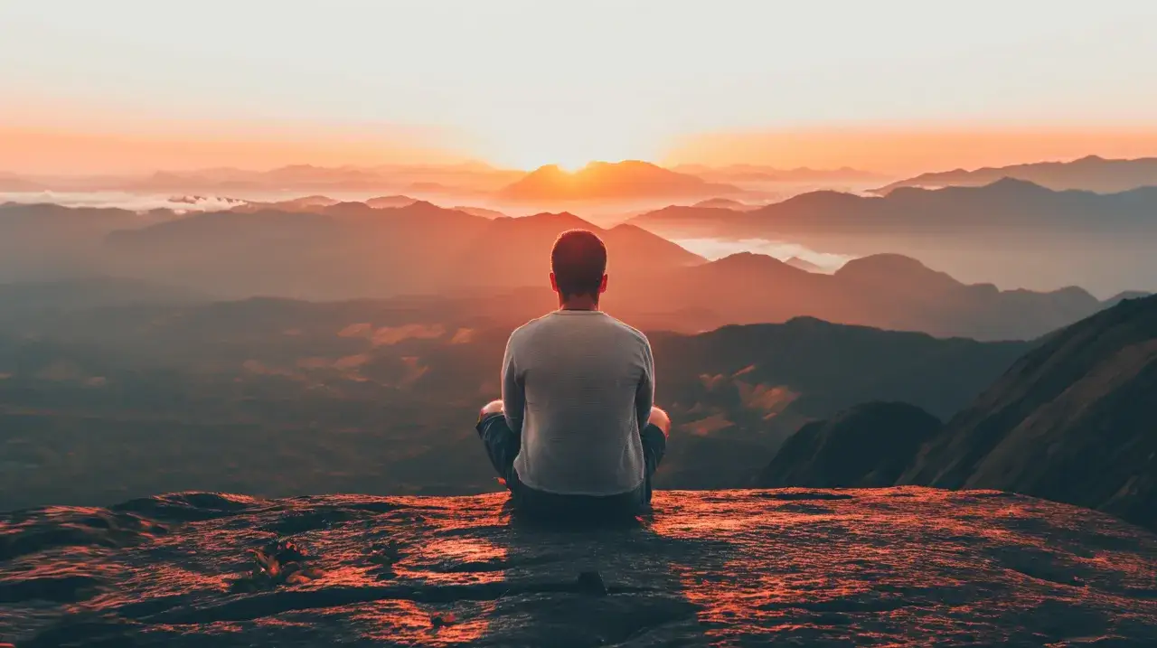 Mann sitzt im Lotussitz auf einem Felsen und blickt auf eine Berglandschaft im Sonnenuntergang. Ein Moment der Katharsis.