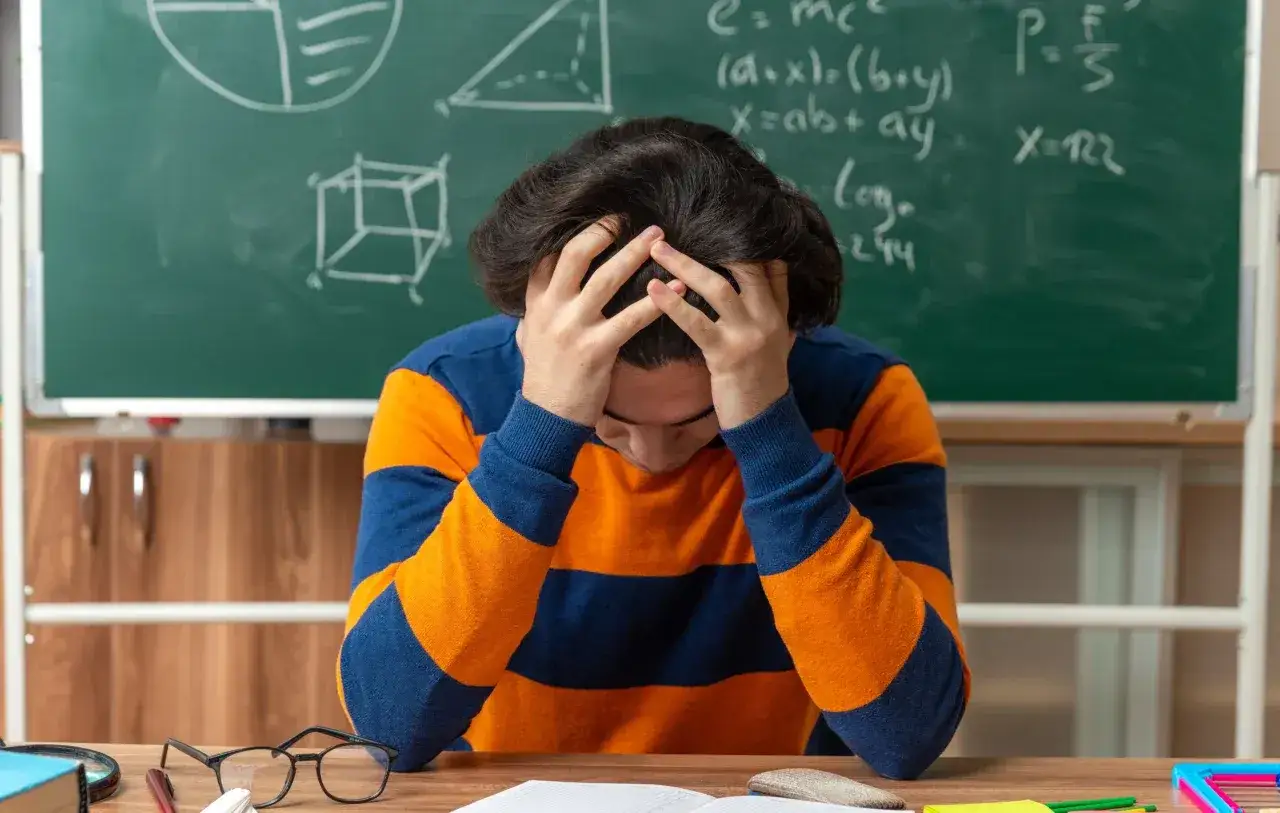 Ein Schüler mit Händen in den Haaren, die pure Enttäuschung über die Matheformeln an der Tafel ausdrücken.