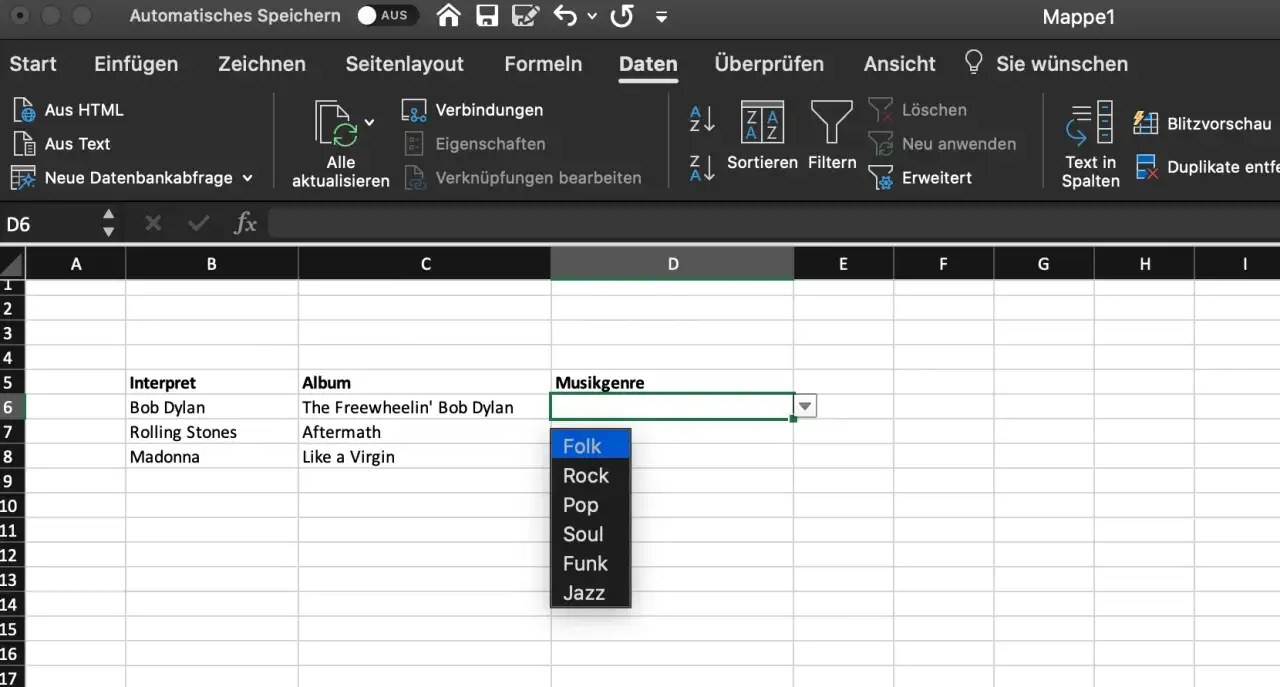 Excel-Tabelle erstellen: Musikgenre-Auswahlmenü mit Optionen wie Folk, Rock, Pop, Soul, Funk, Jazz.