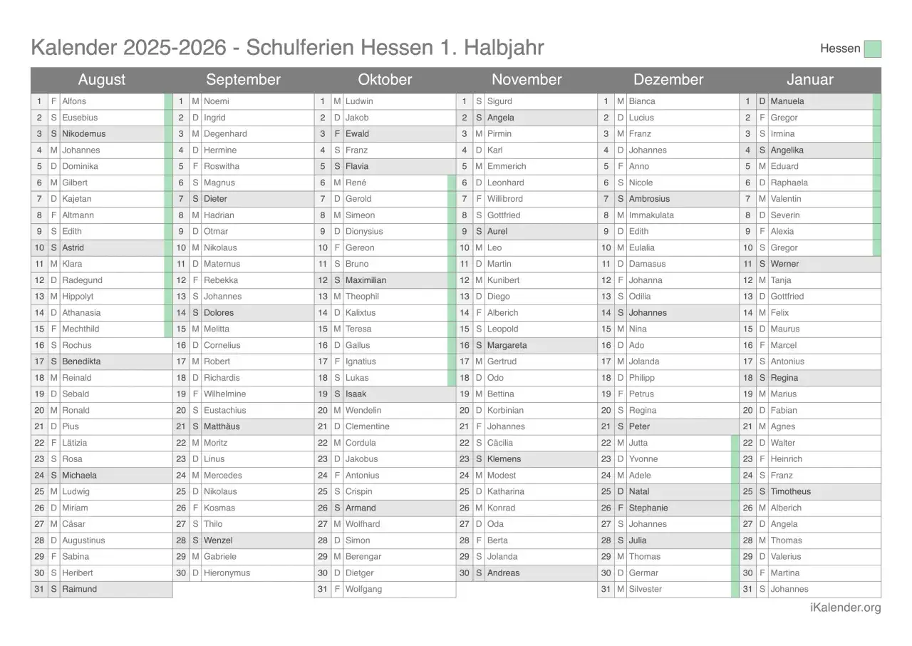 Kalender 2025-2026 für Hessen. Schulferien und Namenstage im 1. Halbjahr. Perfekt für die Planung Ihrer nächsten ferien hessen.