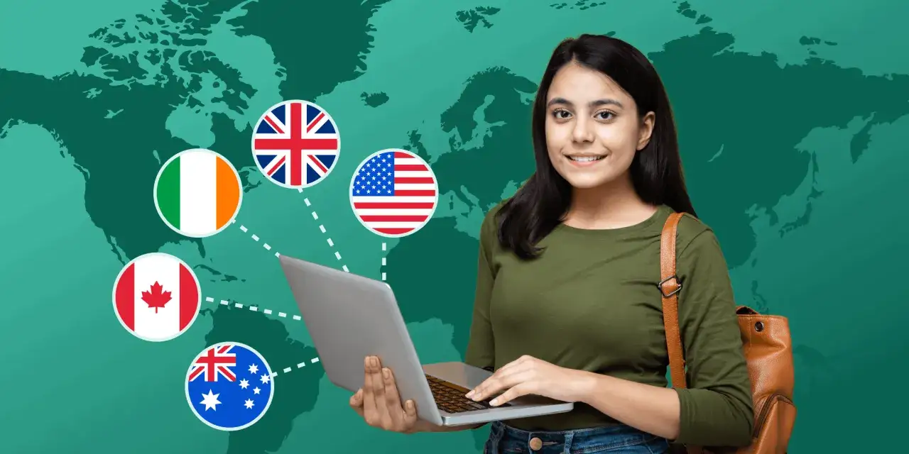 Junge Frau mit Laptop vor Weltkarte, umgeben von Flaggen. Sie nutzt Informatik für globale Verbindungen.