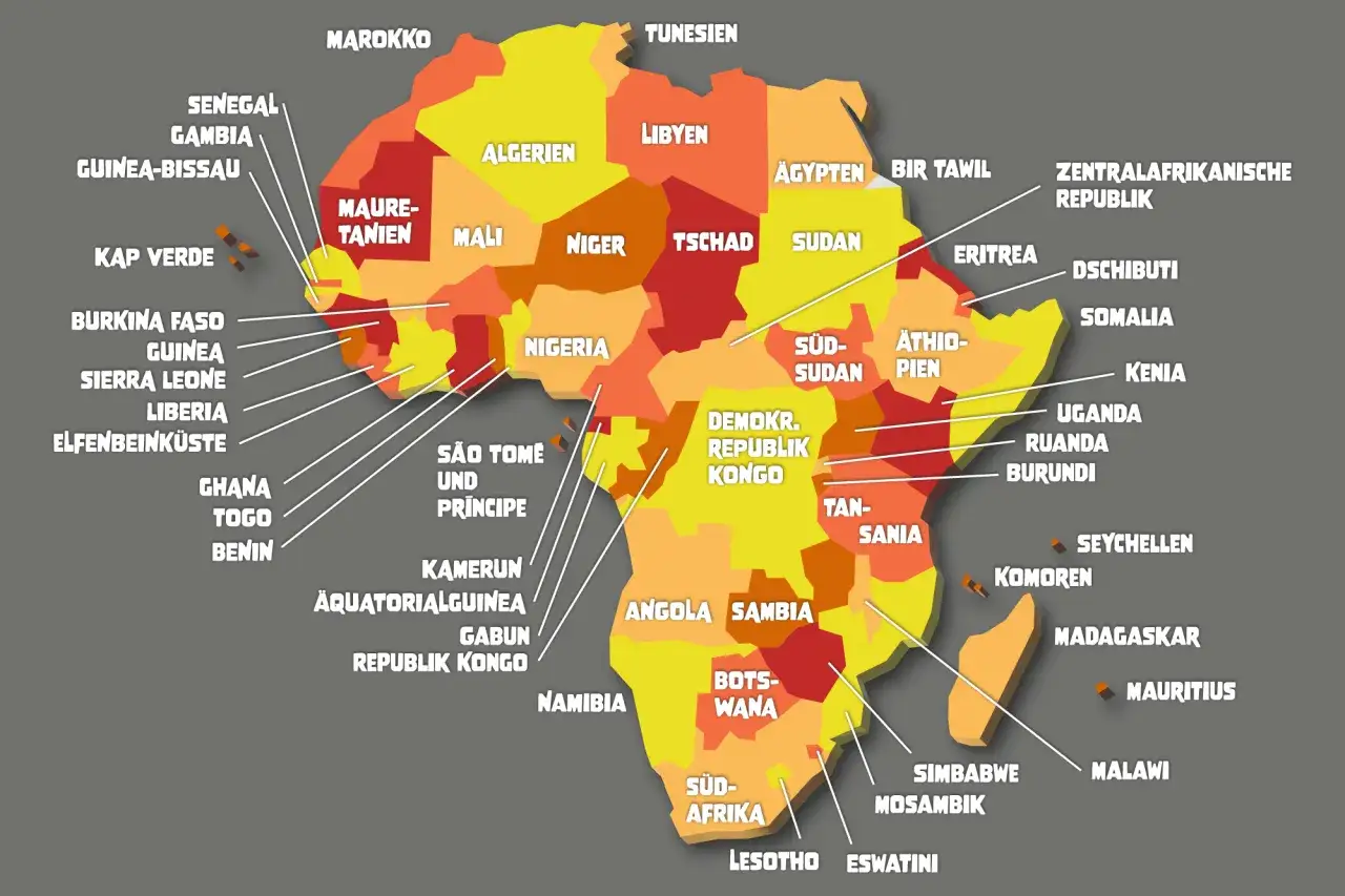 Eine bunte Karte zeigt viele afrikanische Länder, darunter Marokko, Algerien, Nigeria und Südafrika.